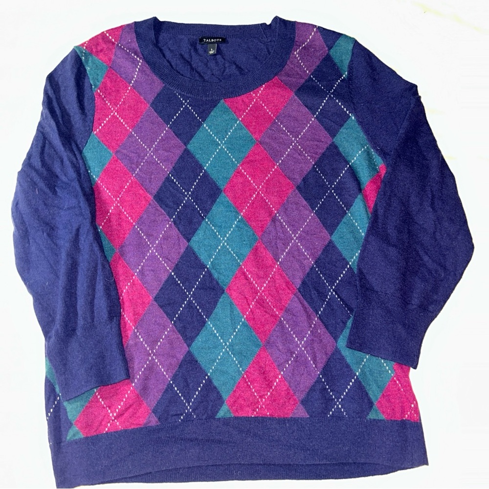 Talbots Sweater Women L Purple Wool Blend Argyle Preppy Holiday Soft Workwear
